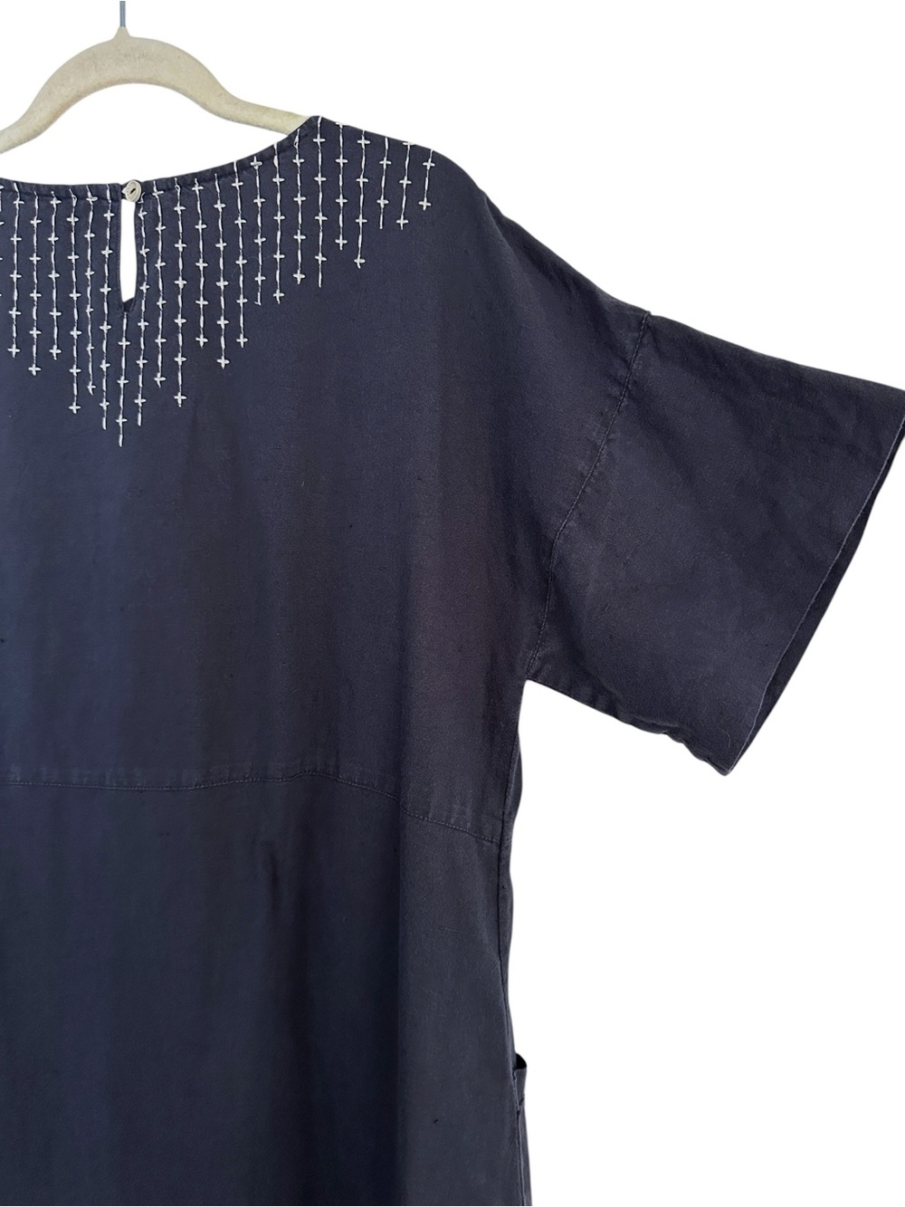 GUDRUN SJODEN Navy Linen Blend Embroidered Dress Scandinavian Lagenlook Pocket M - Picture 7 of 13